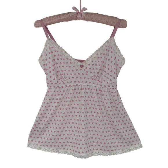 Laura Ashley Y2K Revive Croquette White Lace Trim Pink Hearts Print Babydoll Top - Picture 2 of 16